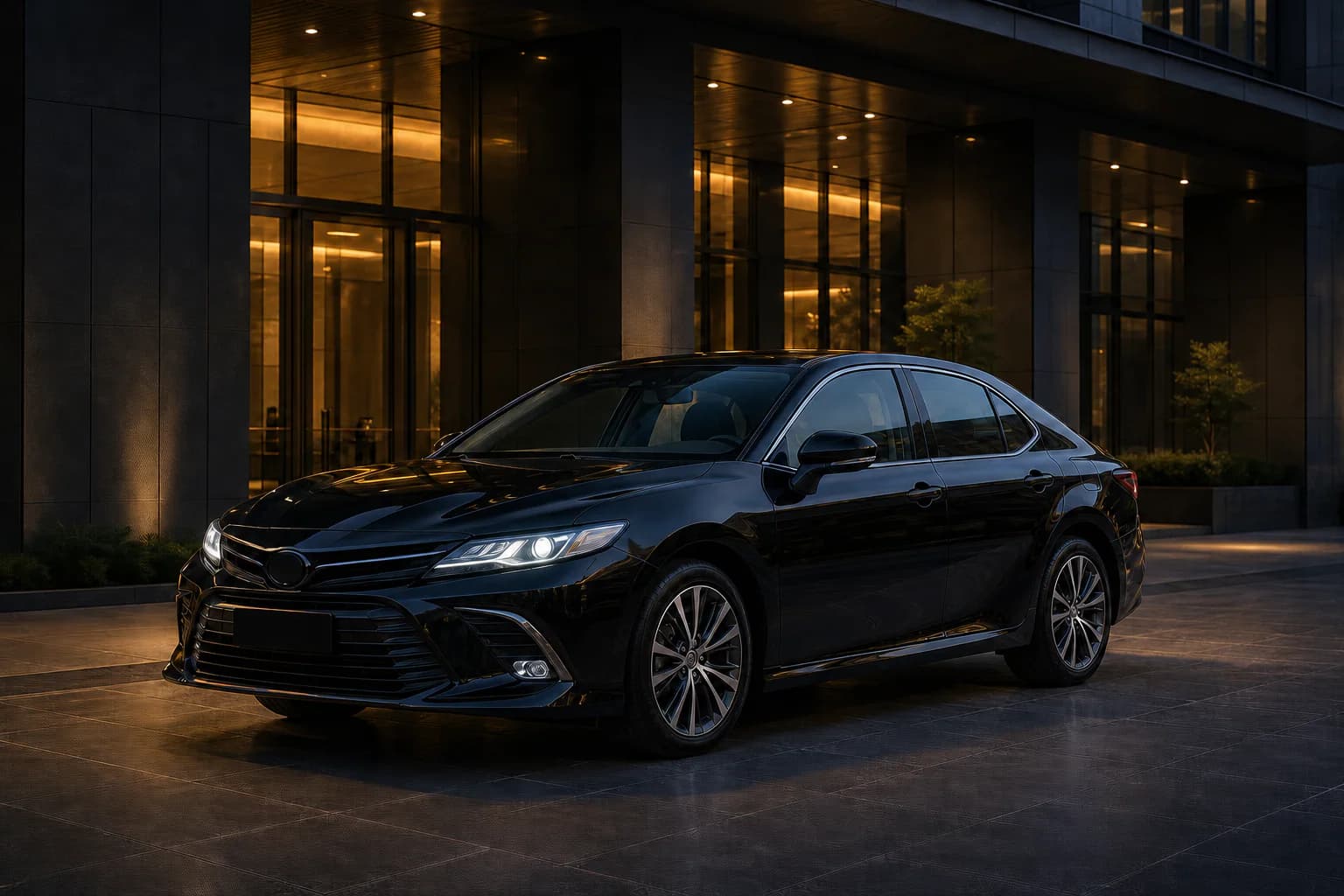 Sedán ejecutivo negro BullMove frente a un edificio corporativo contemporáneo
