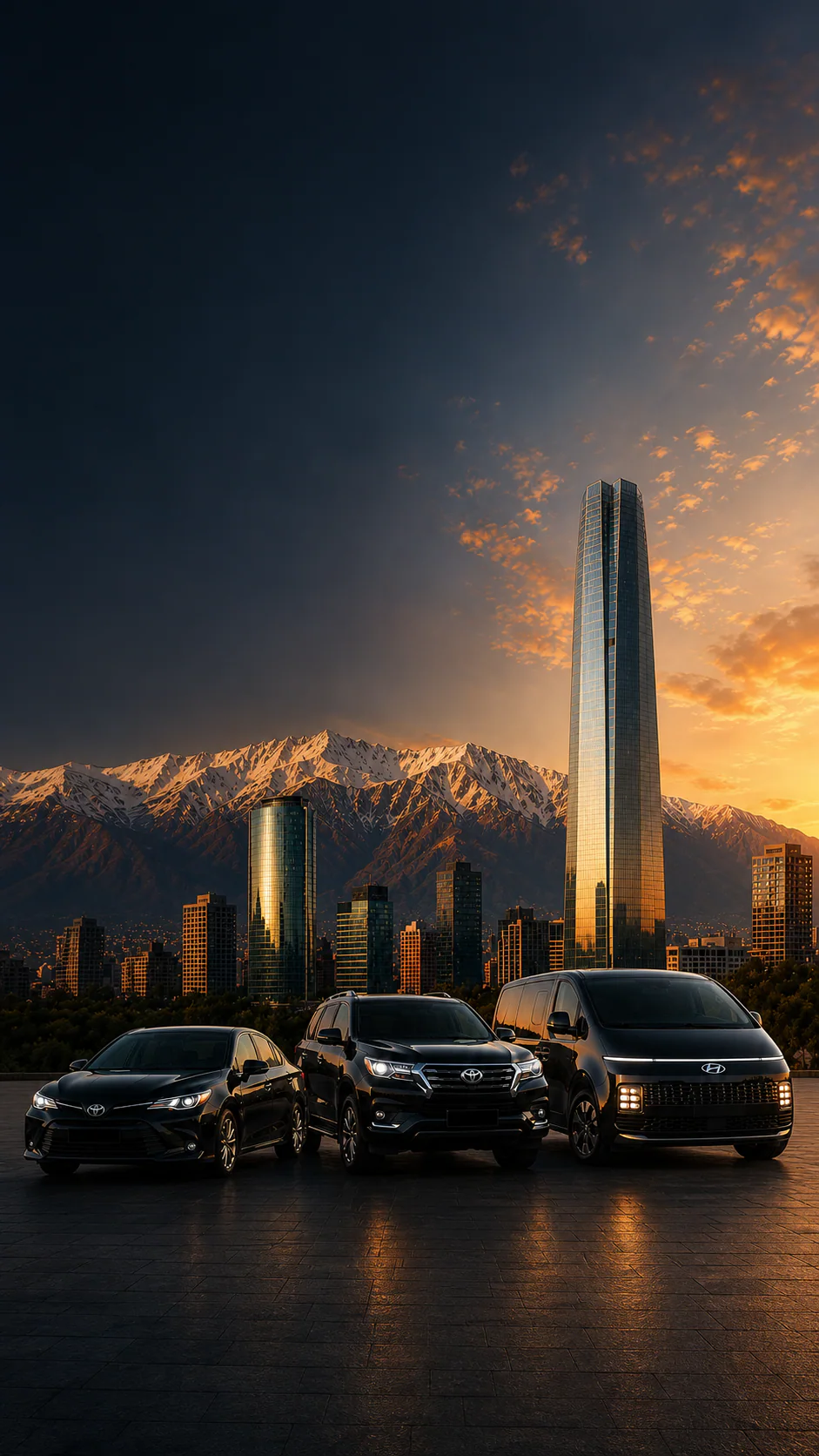 Flota ejecutiva BullMove frente a la Cordillera de los Andes y el skyline de Santiago